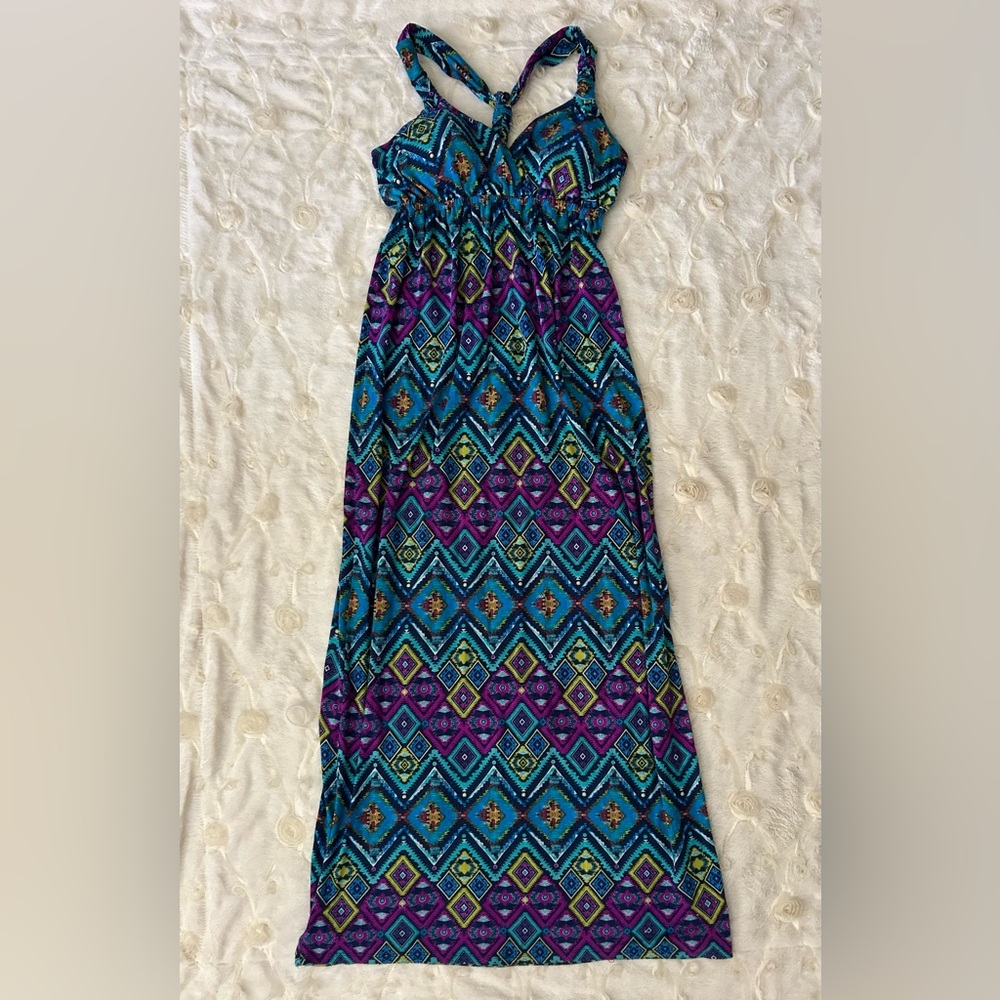 Vibrant Teal & Purple Geometric Maxi Dress